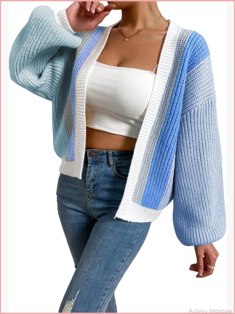 Color Block Open Front Long Sleeve Ribbed Knit Cropped Cardigan Sweater